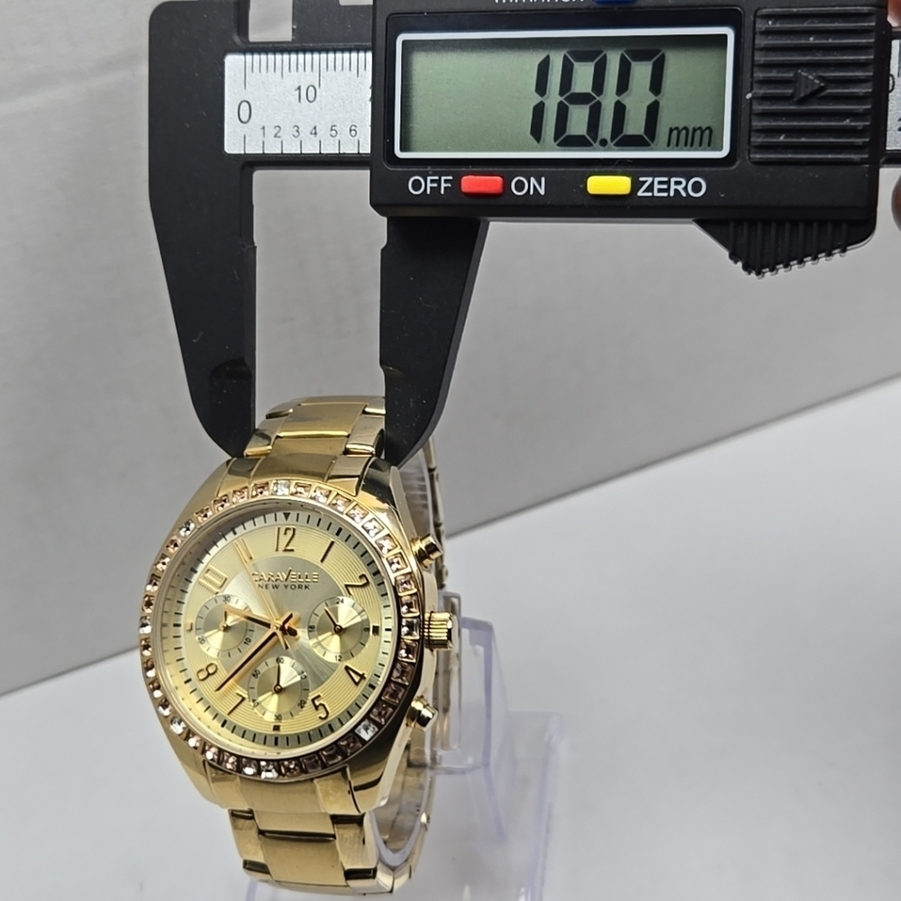 Caravelle New York Gold Tone Chronograph Women’s Quartz Watch Crystal Bezel - Picture 5 of 10
